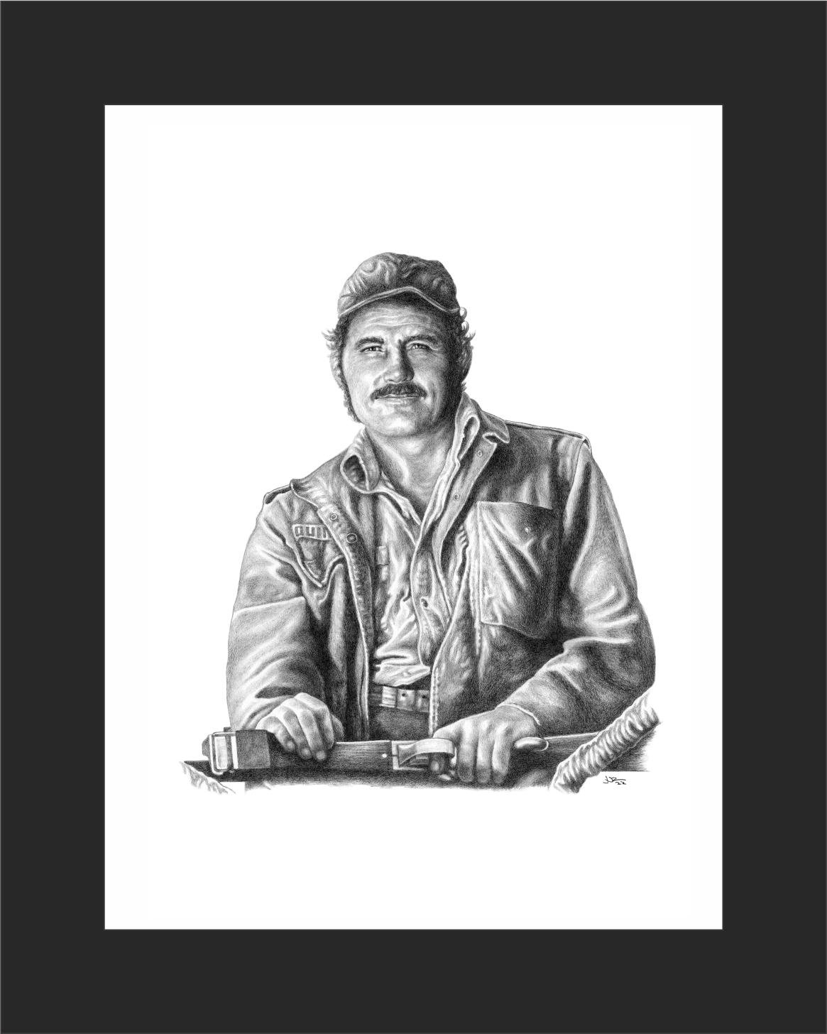 A wall art print featuring a hand-drawn illustration of a shark hunter, with a cinematic and jaws-like style.