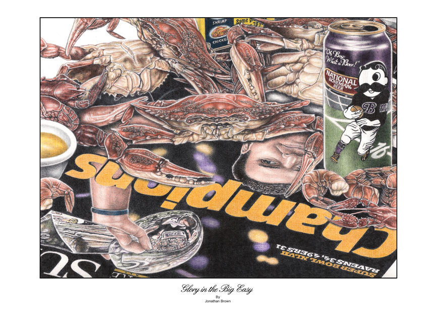 Glory in the Big Easy Crab on Newspaper Print - Ravens 2012 Super Bowl Win - JWB Art Unlimited